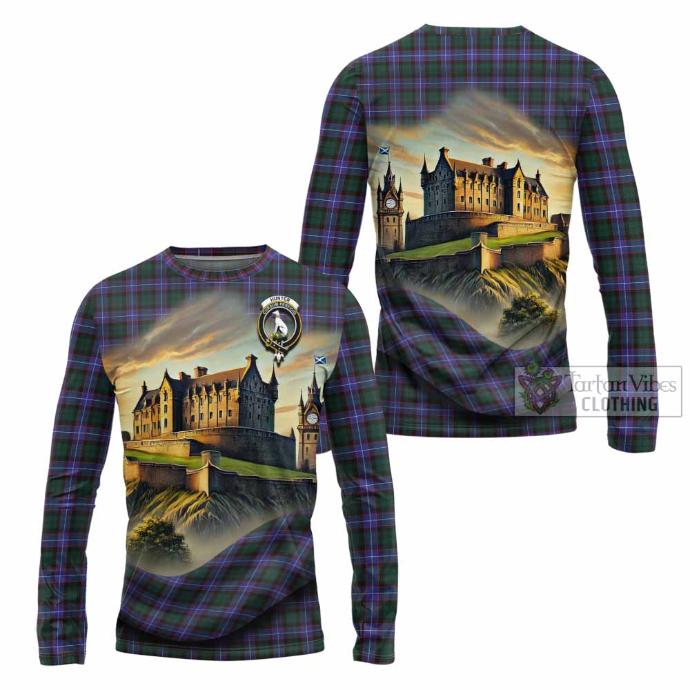 Tartan Vibes Clothing Hunter (Hunterston) Tartan Family Crest Long Sleeve T-Shirt with Scottish Ancient Castle Style