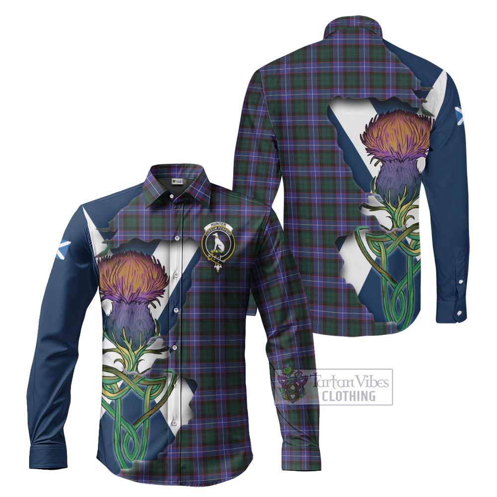 Tartan Vibes Clothing Hunter (Hunterston) Tartan Family Crest Long Sleeve Button Shirt Scottish Thistle Celtic Inspired