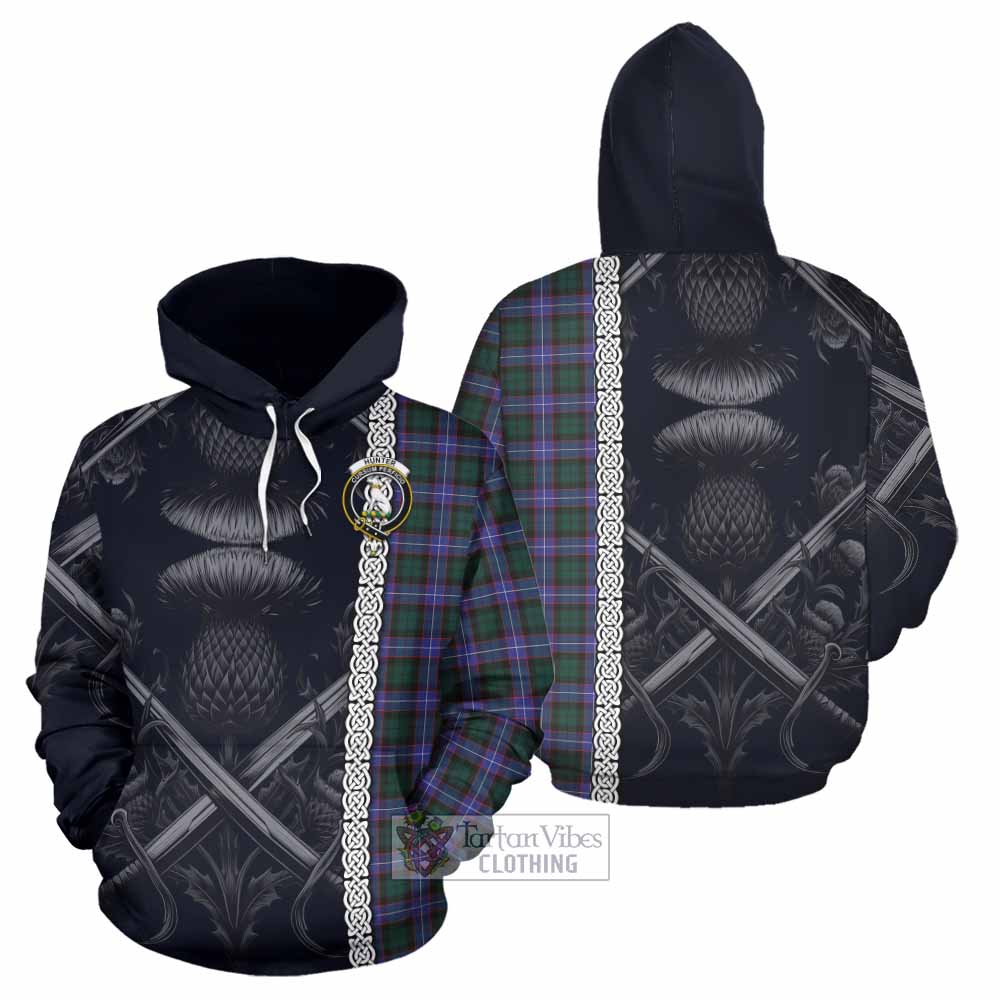 Tartan Vibes Clothing Hunter (Hunterston) Tartan Hoodie with Family Crest Cross Sword Thistle Celtic Vibes