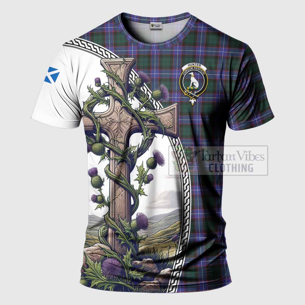 Tartan Vibes Clothing Hunter (Hunterston) Agnew Tartan T-Shirt with Family Crest and St. Andrew's Cross Accented by Thistle Vines