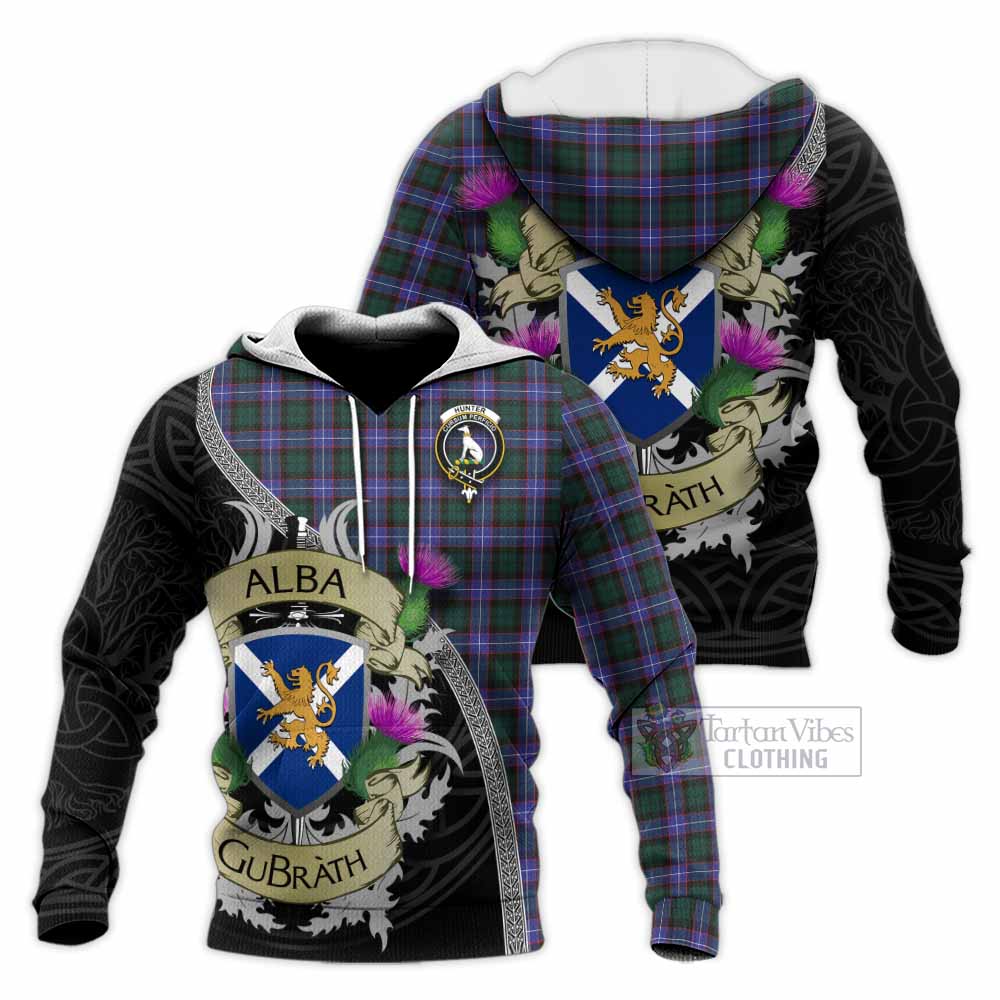 Tartan Vibes Clothing Hunter (Hunterston) Tartan Family Crest Knitted Hoodie Lion Rampant Royal Thistle Shield Celtic Inspired