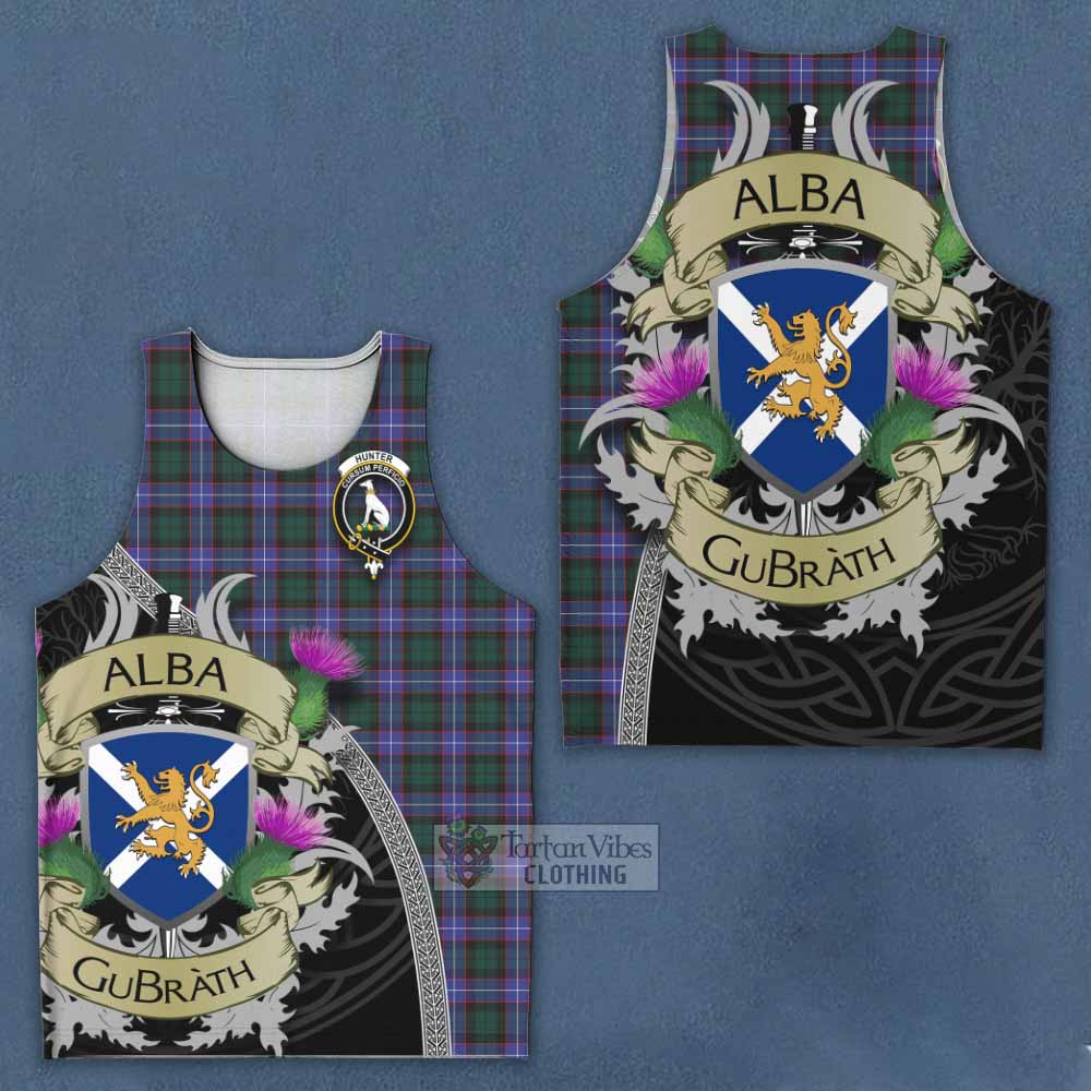 Tartan Vibes Clothing Hunter (Hunterston) Tartan Family Crest Men's Tank Top Lion Rampant Royal Thistle Shield Celtic Inspired
