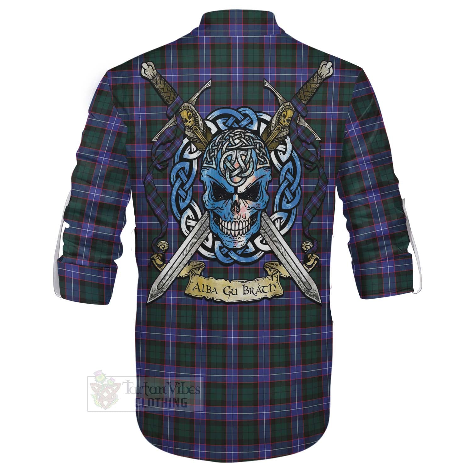 Tartan Vibes Clothing Hunter (Hunterston) Tartan Ghillie Kilt Shirt with Family Crest Celtic Skull Style