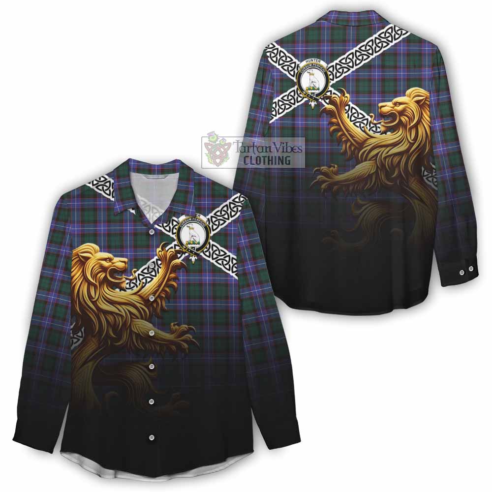 Tartan Vibes Clothing Hunter (Hunterston) Crest Tartan Women's Casual Shirt with Golden Lion Emblem Celtic Style