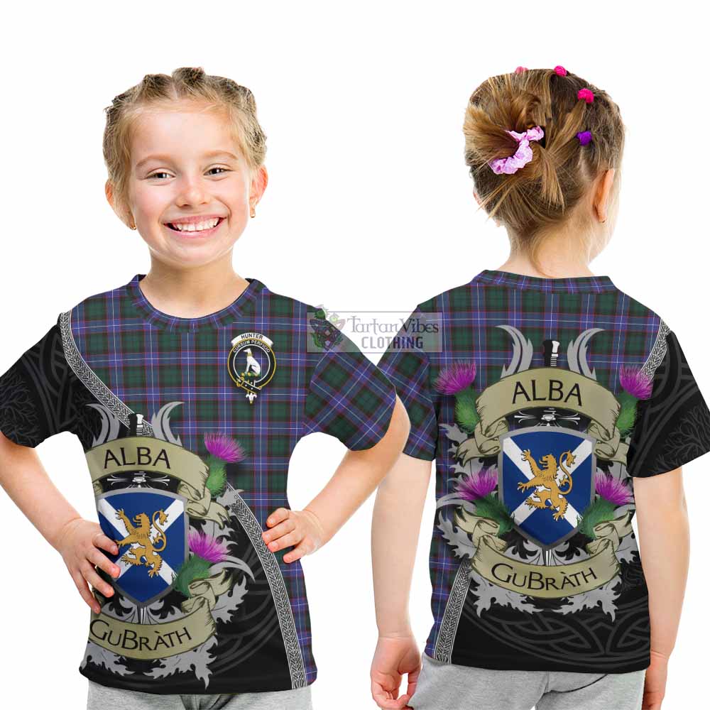 Tartan Vibes Clothing Hunter (Hunterston) Tartan Family Crest Kid T-Shirt Lion Rampant Royal Thistle Shield Celtic Inspired