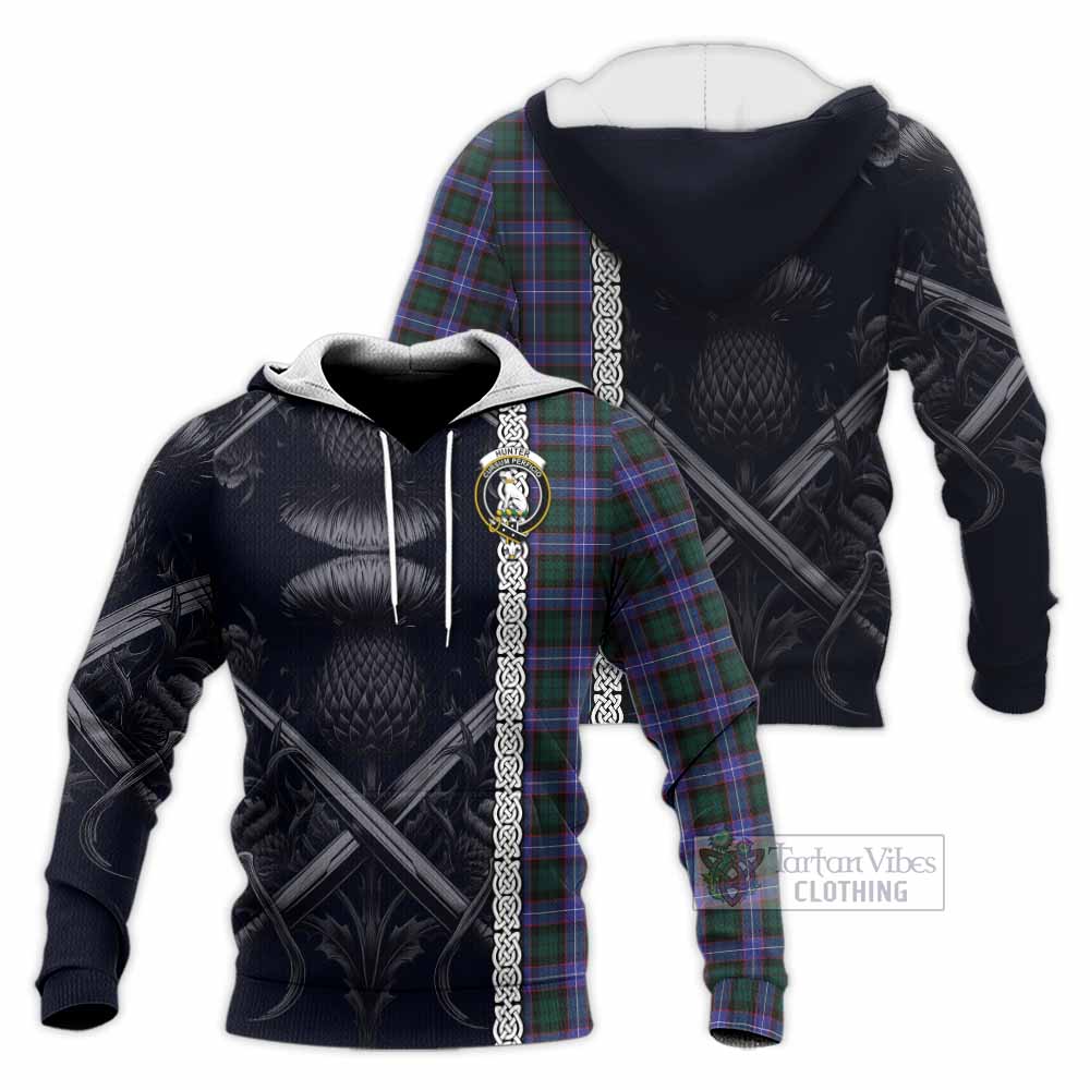 Tartan Vibes Clothing Hunter (Hunterston) Tartan Knitted Hoodie with Family Crest Cross Sword Thistle Celtic Vibes