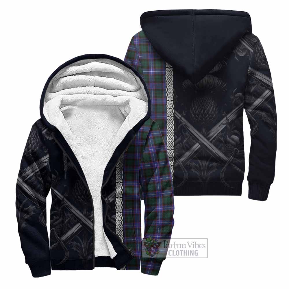 Tartan Vibes Clothing Hunter (Hunterston) Tartan Sherpa Hoodie with Family Crest Cross Sword Thistle Celtic Vibes