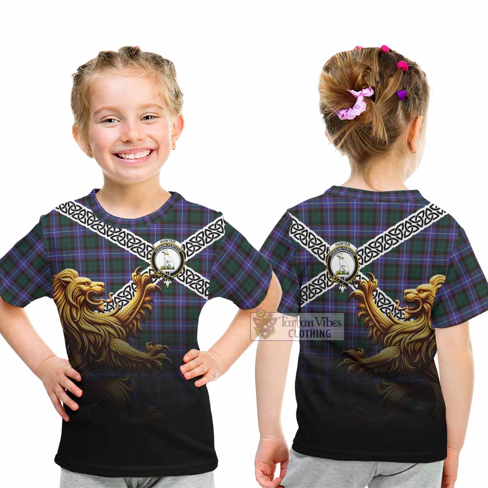 Tartan Vibes Clothing Hunter (Hunterston) Crest Tartan Kid T-Shirt with Golden Lion Emblem Celtic Style