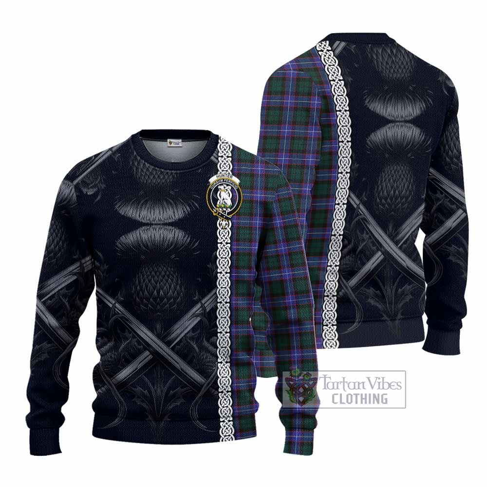 Tartan Vibes Clothing Hunter (Hunterston) Tartan Knitted Sweater with Family Crest Cross Sword Thistle Celtic Vibes
