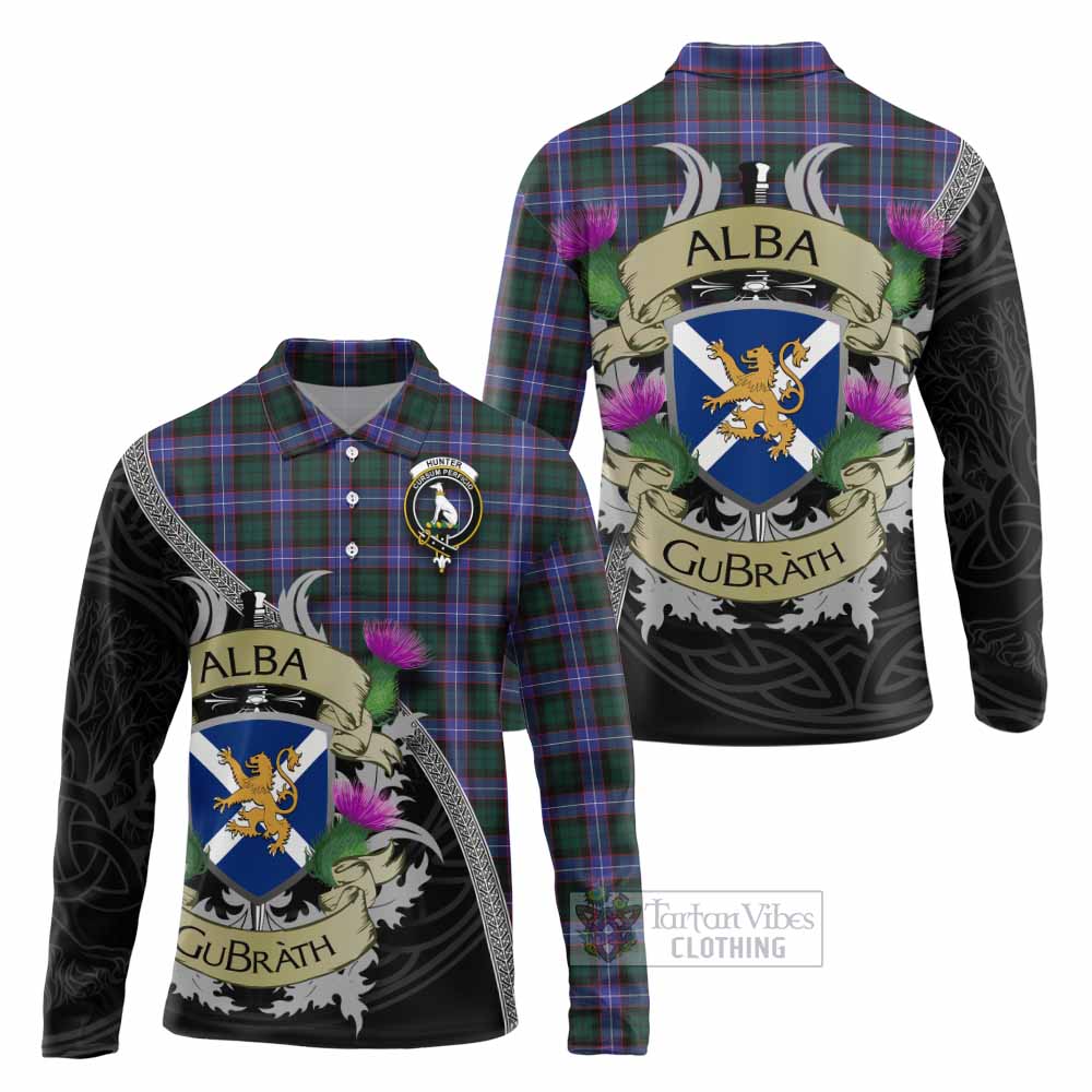 Tartan Vibes Clothing Hunter (Hunterston) Tartan Family Crest Long Sleeve Polo Shirt Lion Rampant Royal Thistle Shield Celtic Inspired