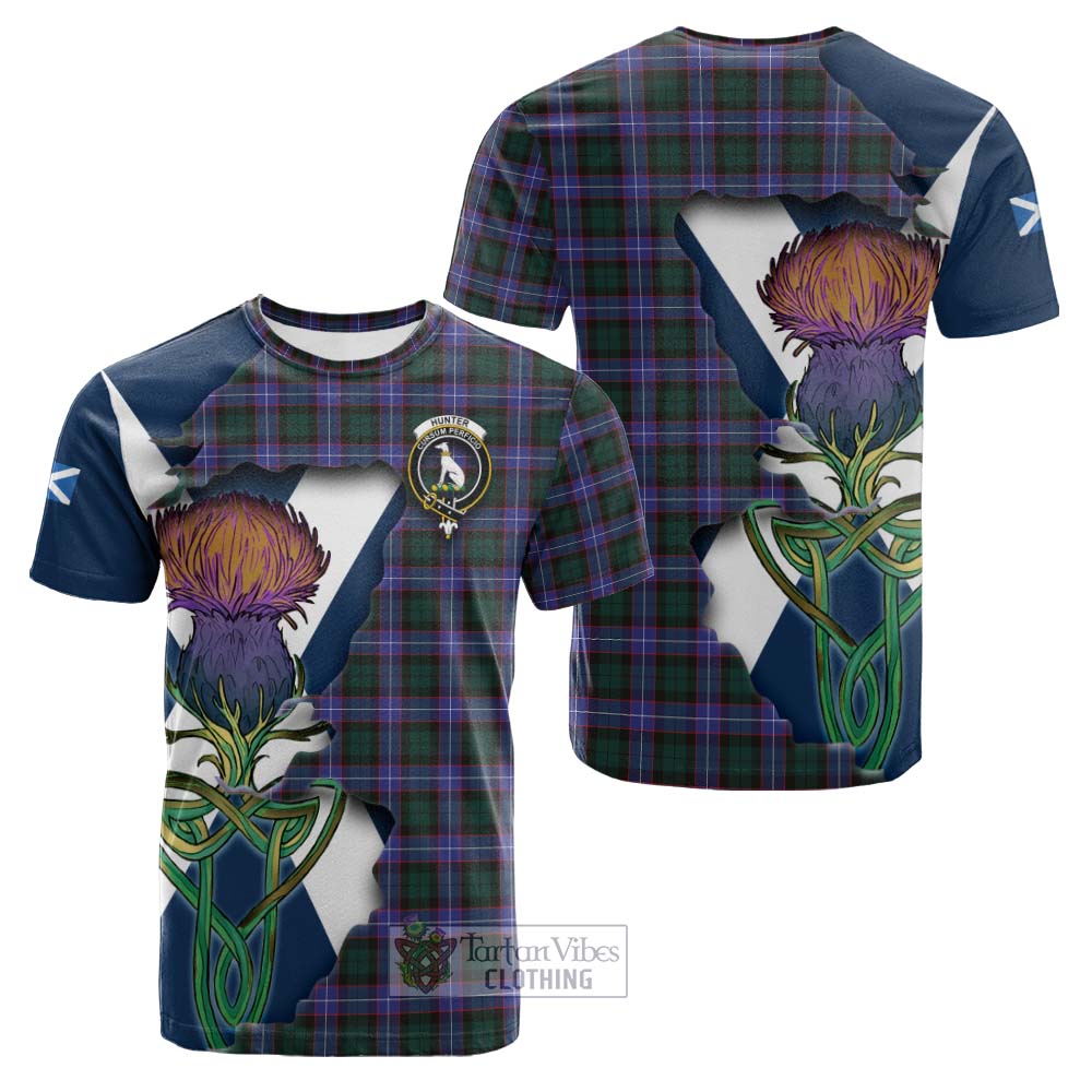 Tartan Vibes Clothing Hunter (Hunterston) Tartan Family Crest Cotton T-shirt Scottish Thistle Celtic Inspired
