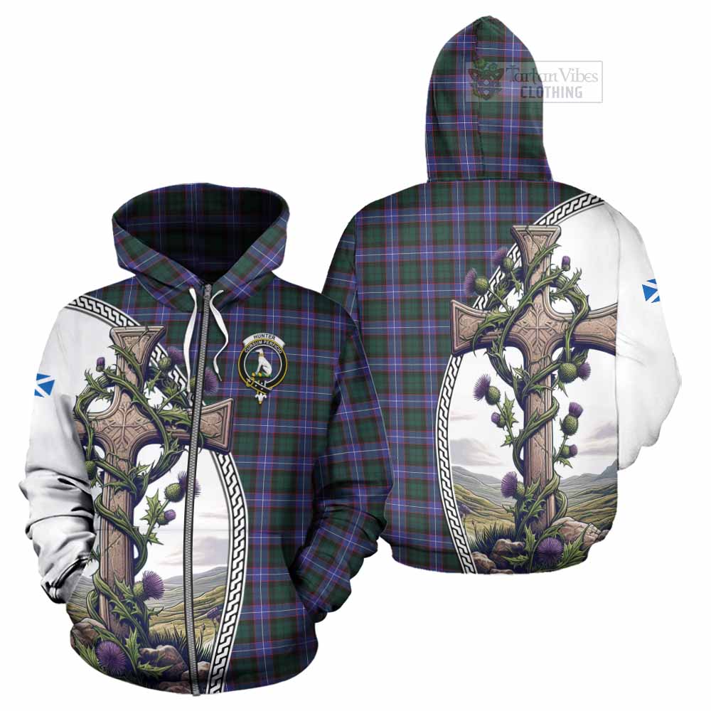 Tartan Vibes Clothing Hunter (Hunterston) Tartan Hoodie with Family Crest and St. Andrew's Cross Accented by Thistle Vines