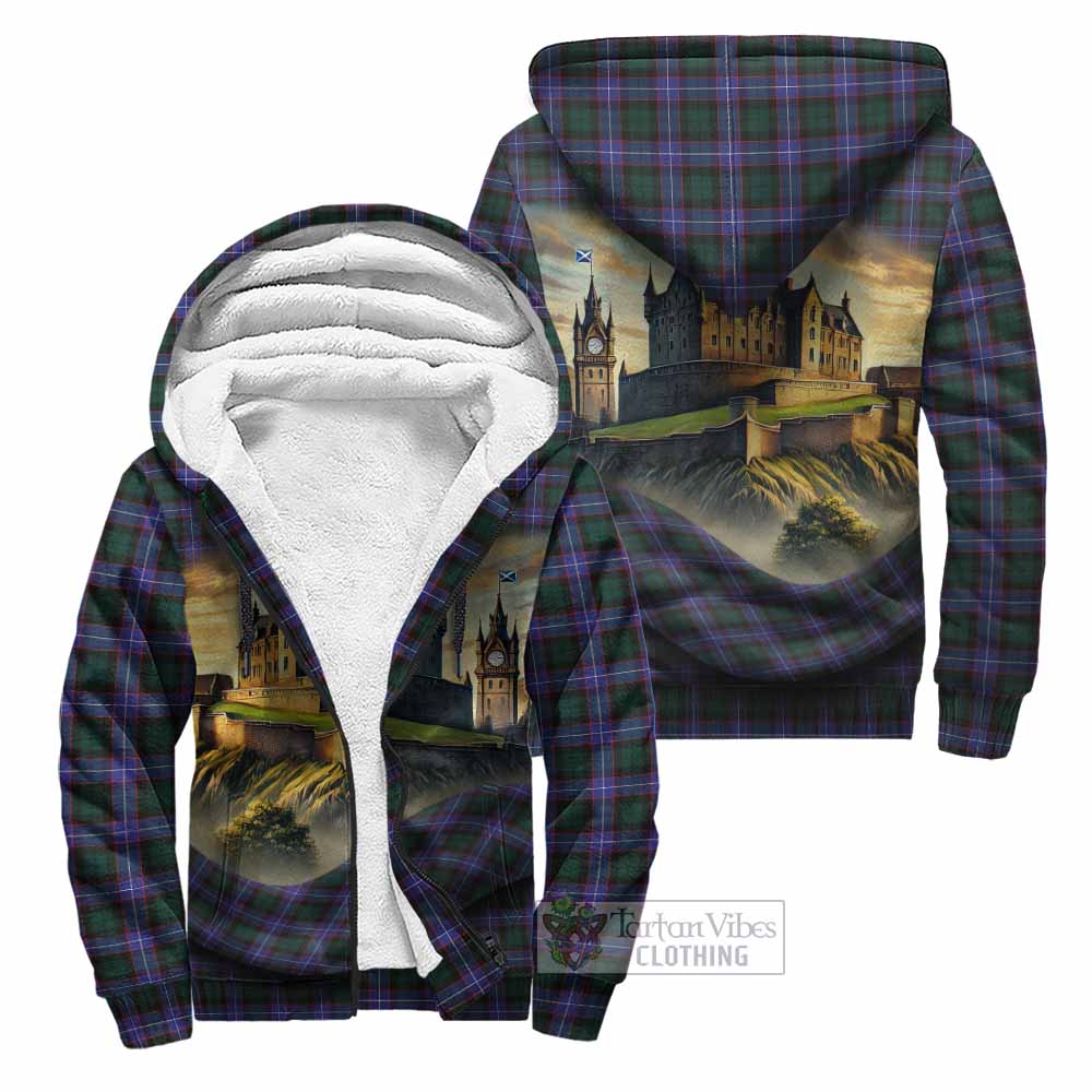 Tartan Vibes Clothing Hunter (Hunterston) Tartan Family Crest Sherpa Hoodie with Scottish Ancient Castle Style