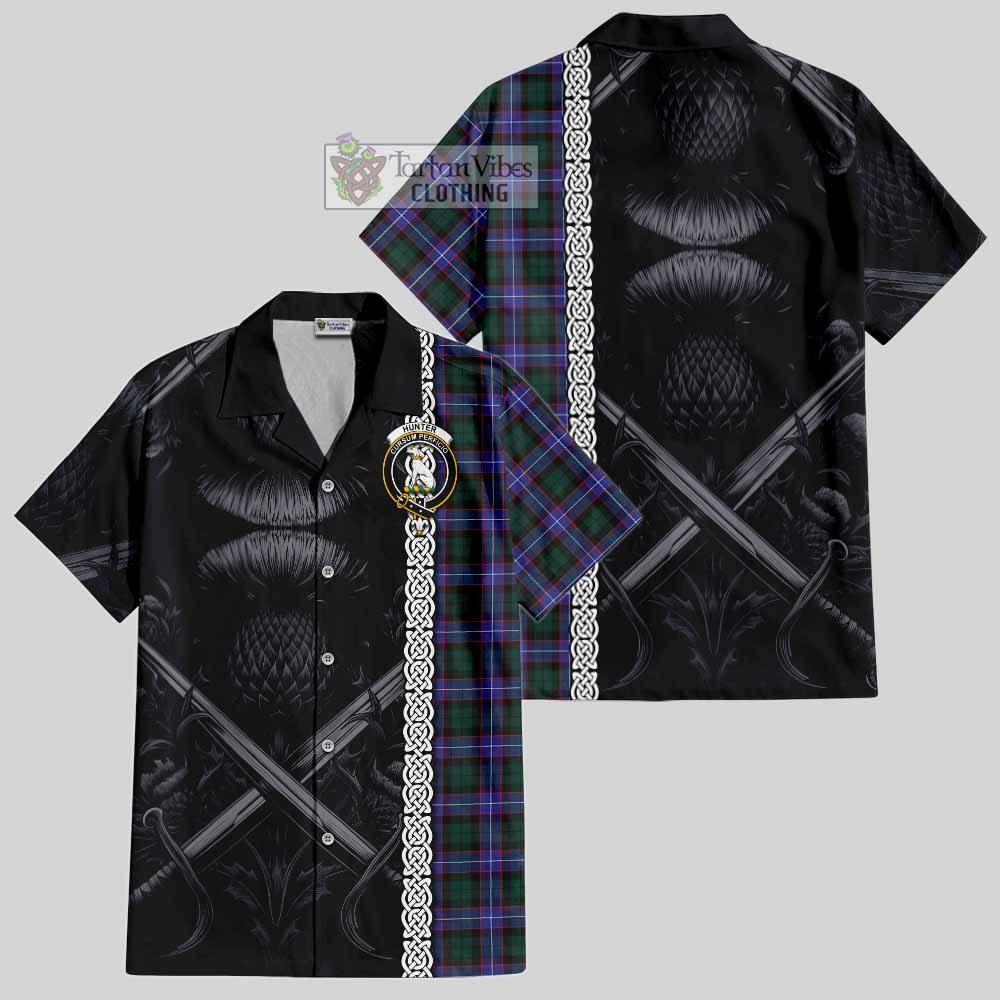 Tartan Vibes Clothing Hunter (Hunterston) Tartan Short Sleeve Button Shirt with Family Crest Cross Sword Thistle Celtic Vibes