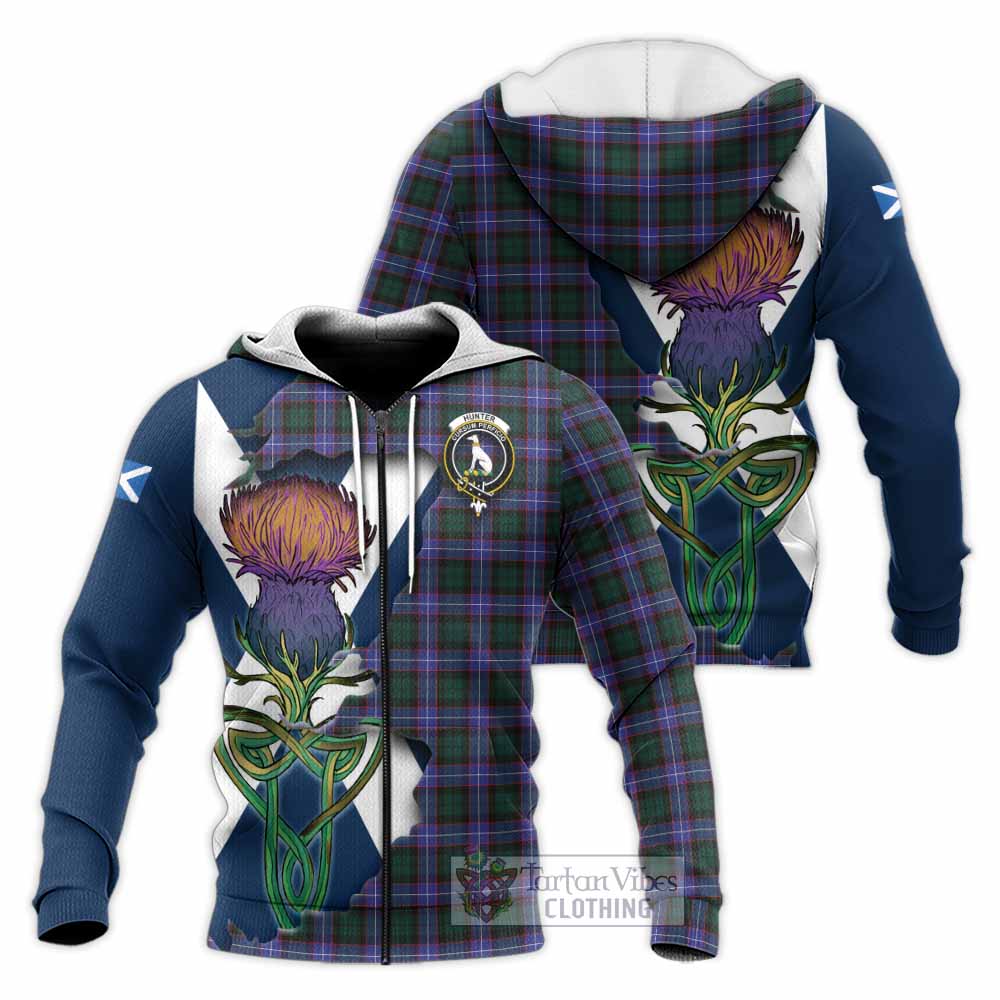 Tartan Vibes Clothing Hunter (Hunterston) Tartan Family Crest Knitted Hoodie Scottish Thistle Celtic Inspired