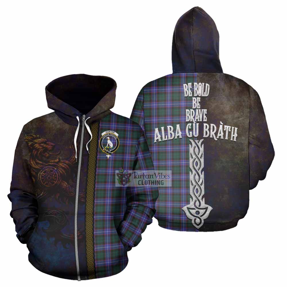 Tartan Vibes Clothing Hunter (Hunterston) Tartan Family Crest Hoodie Alba Gu Brath Be Brave Lion Ancient Style