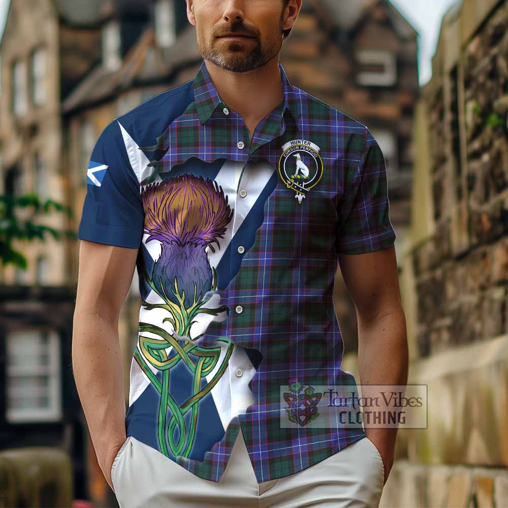 Tartan Vibes Clothing Hunter (Hunterston) Tartan Family Crest Short Sleeve Button Shirt Scottish Thistle Celtic Inspired