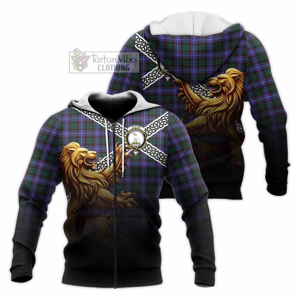 Tartan Vibes Clothing Hunter (Hunterston) Crest Tartan Knitted Hoodie with Golden Lion Emblem Celtic Style