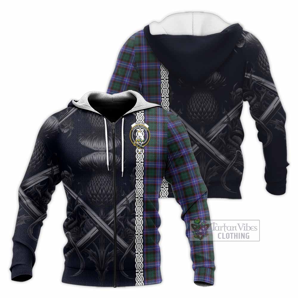 Tartan Vibes Clothing Hunter (Hunterston) Tartan Knitted Hoodie with Family Crest Cross Sword Thistle Celtic Vibes