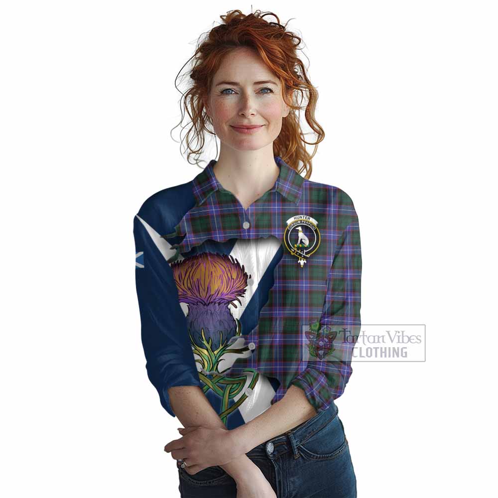 Tartan Vibes Clothing Hunter (Hunterston) Tartan Family Crest Women's Casual Shirt Scottish Thistle Celtic Inspired