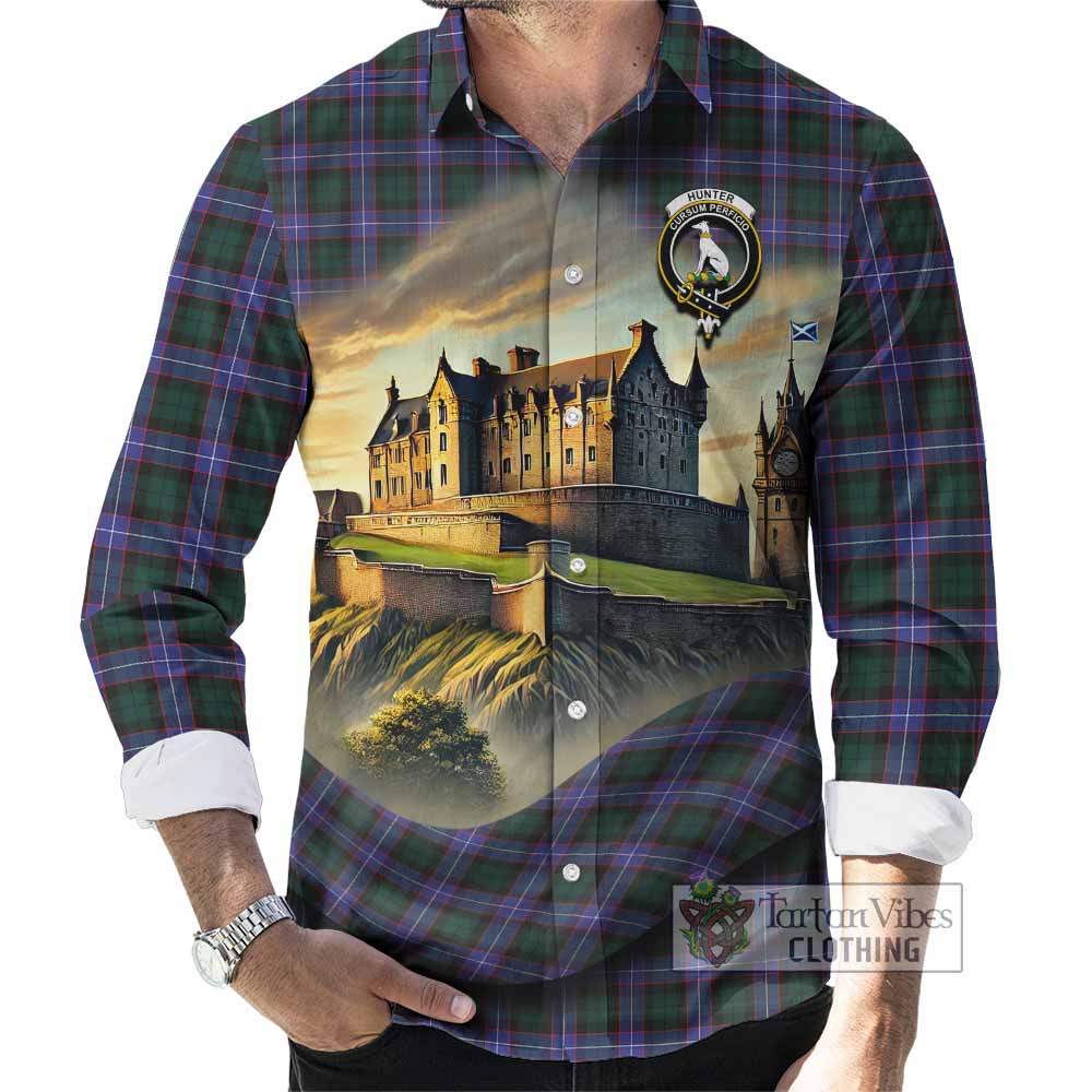 Tartan Vibes Clothing Hunter (Hunterston) Tartan Family Crest Long Sleeve Button Shirt with Scottish Ancient Castle Style