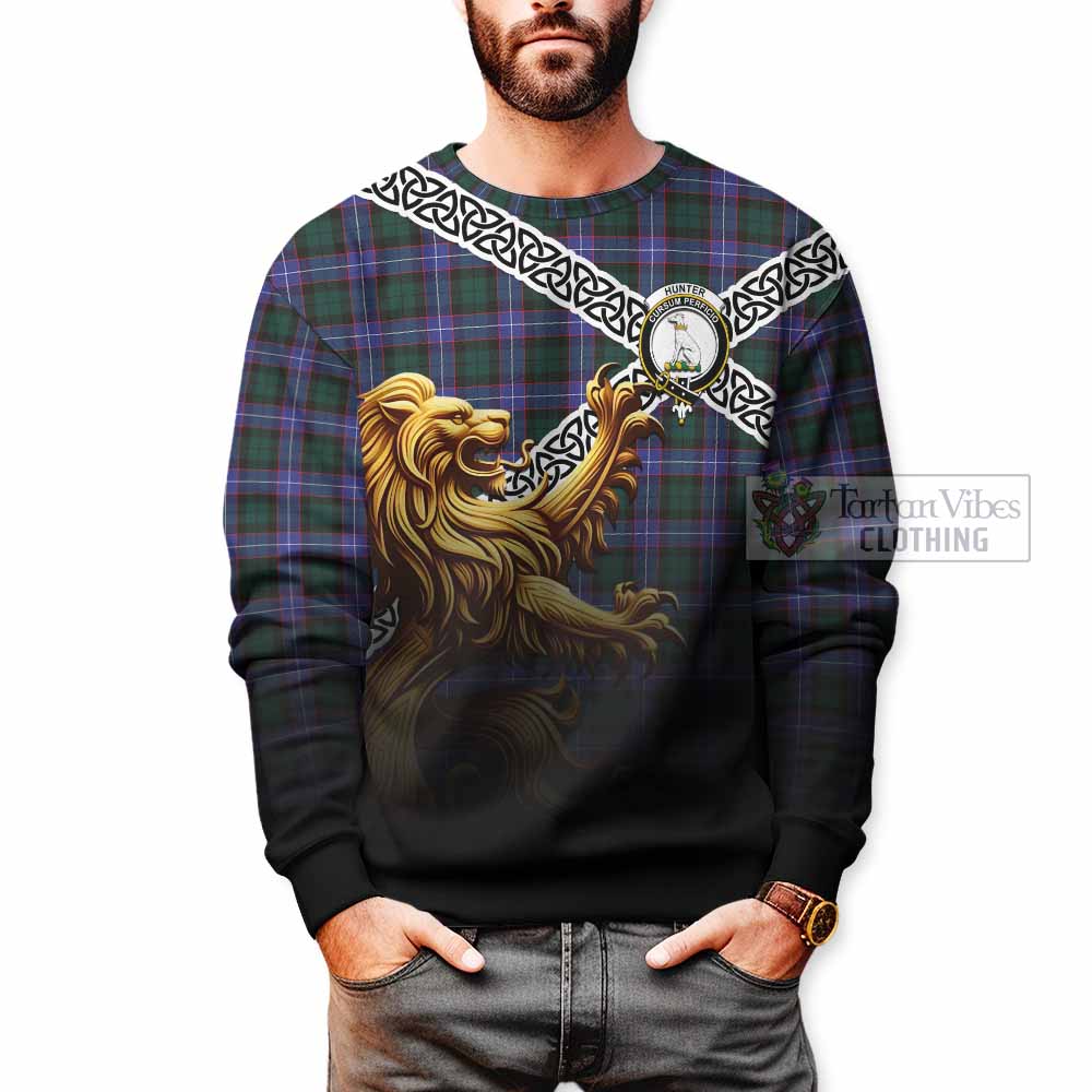 Tartan Vibes Clothing Hunter (Hunterston) Crest Tartan Sweatshirt with Golden Lion Emblem Celtic Style