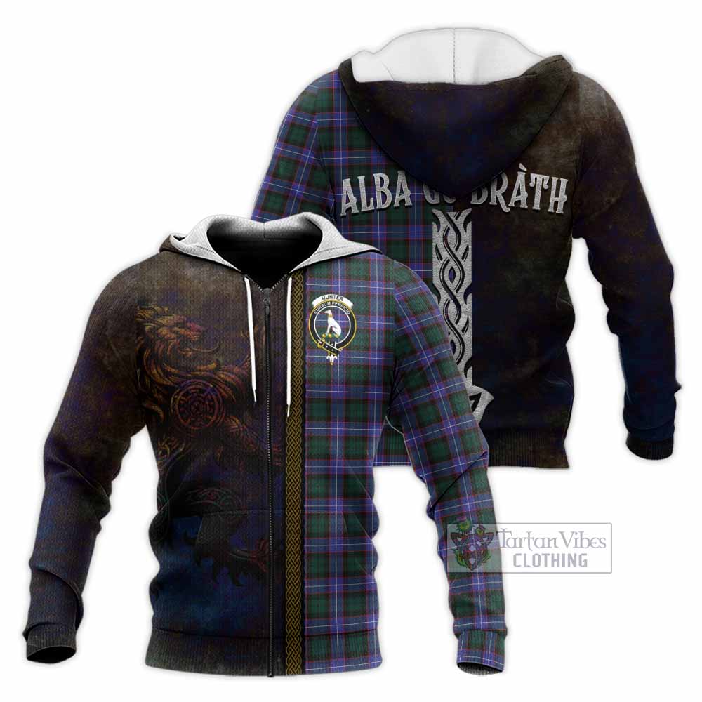 Tartan Vibes Clothing Hunter (Hunterston) Tartan Family Crest Knitted Hoodie Alba Gu Brath Be Brave Lion Ancient Style