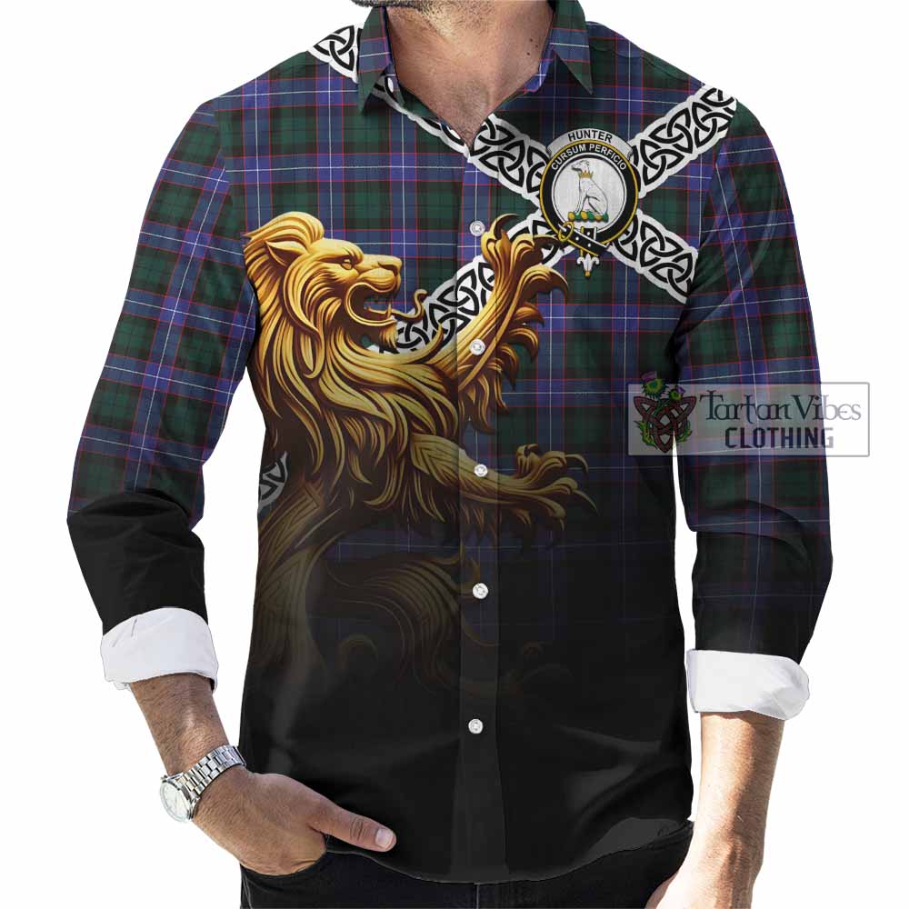 Tartan Vibes Clothing Hunter (Hunterston) Crest Tartan Long Sleeve Button Shirt with Golden Lion Emblem Celtic Style