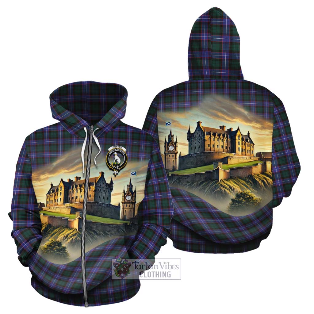 Tartan Vibes Clothing Hunter (Hunterston) Tartan Family Crest Cotton Hoodie with Scottish Ancient Castle Style