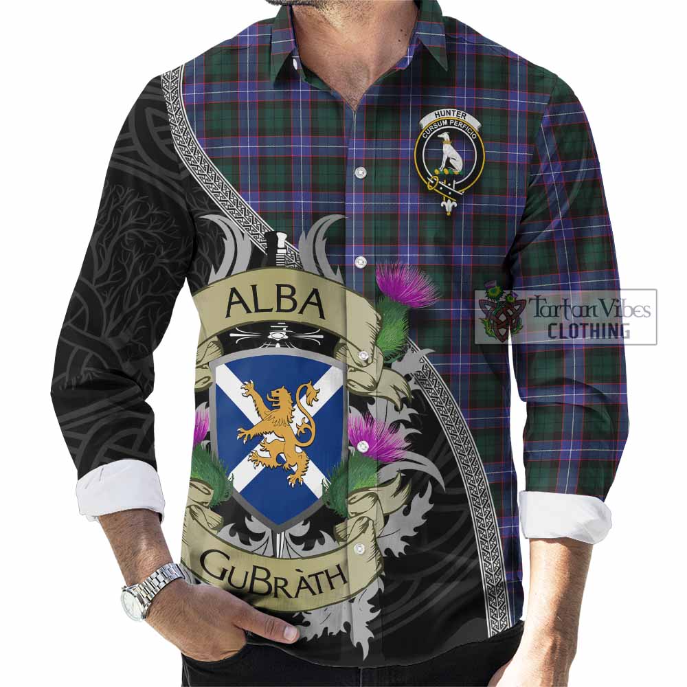 Tartan Vibes Clothing Hunter (Hunterston) Tartan Family Crest Long Sleeve Button Shirt Lion Rampant Royal Thistle Shield Celtic Inspired