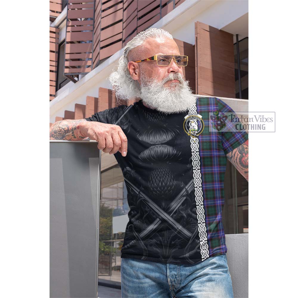 Tartan Vibes Clothing Hunter (Hunterston) Tartan Cotton T-shirt with Family Crest Cross Sword Thistle Celtic Vibes
