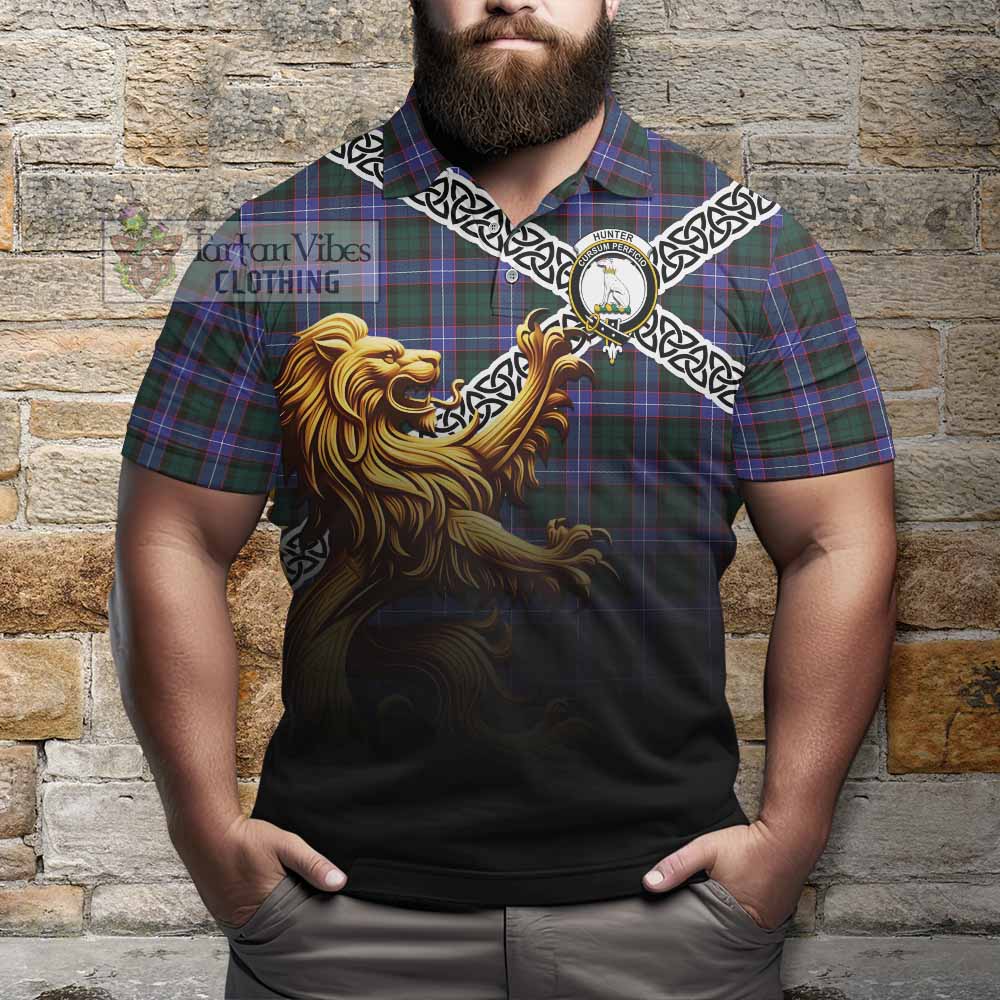 Tartan Vibes Clothing Hunter (Hunterston) Crest Tartan Polo Shirt with Golden Lion Emblem Celtic Style