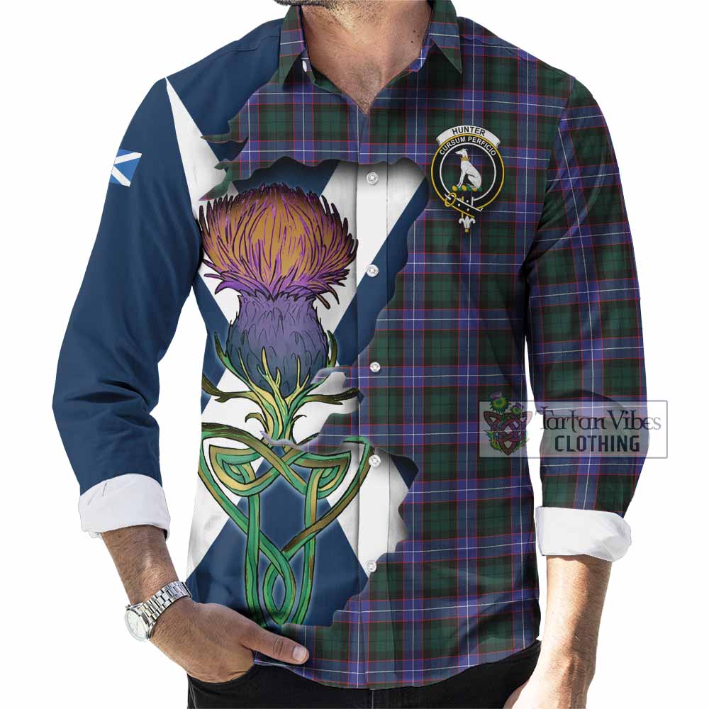 Tartan Vibes Clothing Hunter (Hunterston) Tartan Family Crest Long Sleeve Button Shirt Scottish Thistle Celtic Inspired