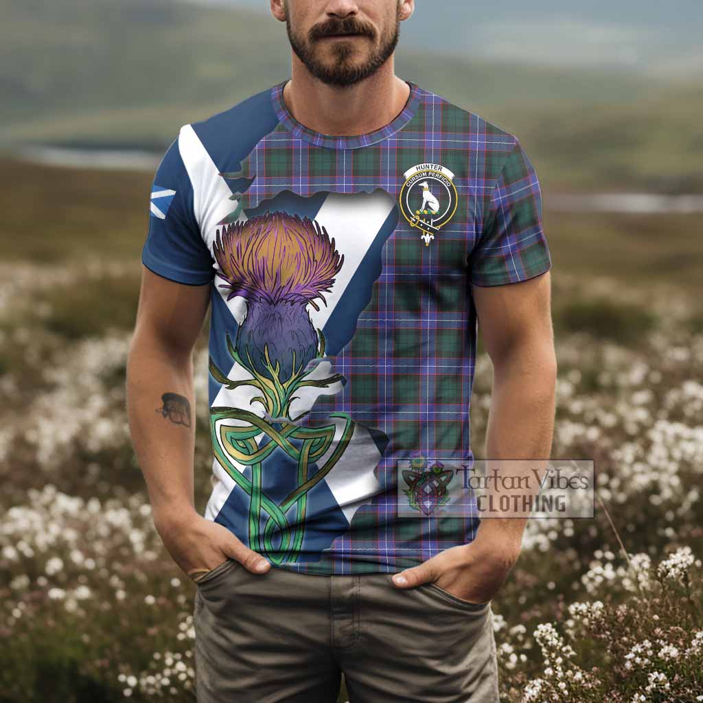 Tartan Vibes Clothing Hunter (Hunterston) Tartan Family Crest T-Shirt Scottish Thistle Celtic Inspired