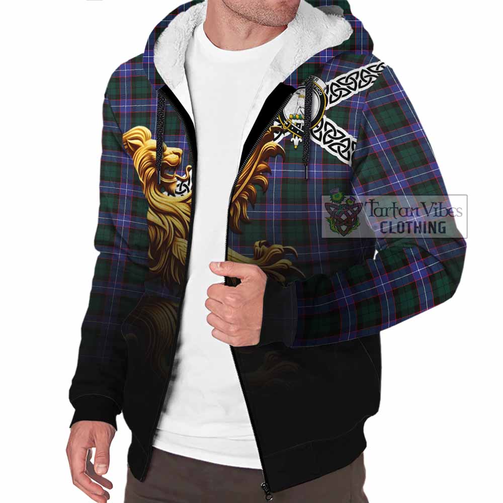 Tartan Vibes Clothing Hunter (Hunterston) Crest Tartan Sherpa Hoodie with Golden Lion Emblem Celtic Style