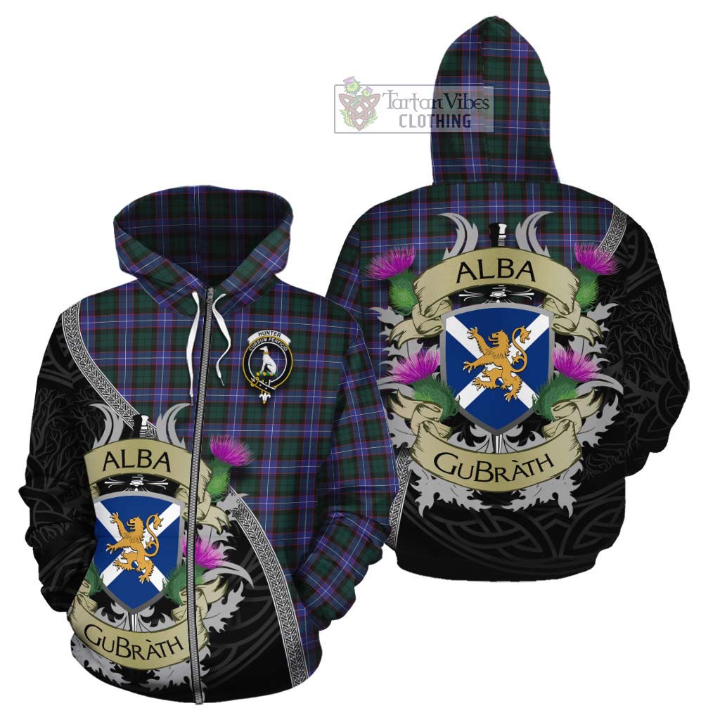 Tartan Vibes Clothing Hunter (Hunterston) Tartan Family Crest Cotton Hoodie Lion Rampant Royal Thistle Shield Celtic Inspired