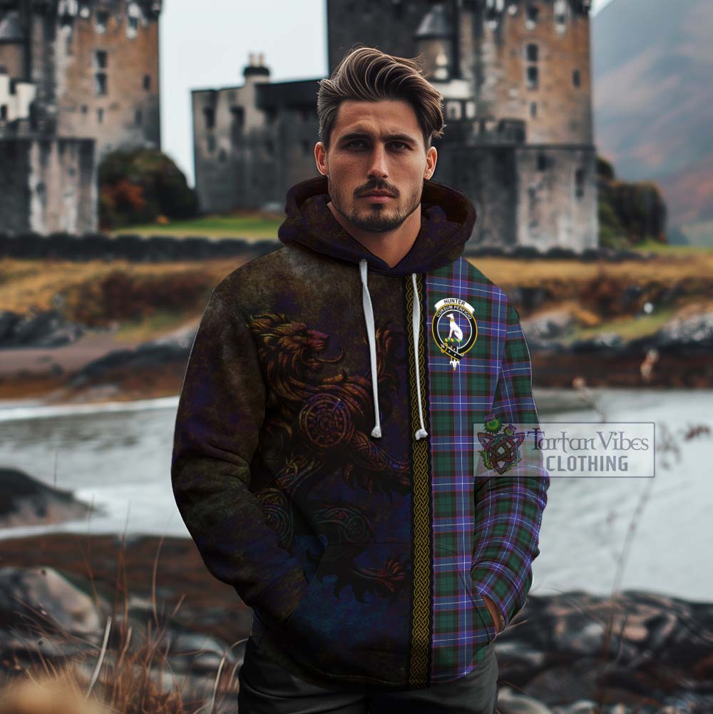 Tartan Vibes Clothing Hunter (Hunterston) Tartan Family Crest Cotton Hoodie Alba Gu Brath Be Brave Lion Ancient Style