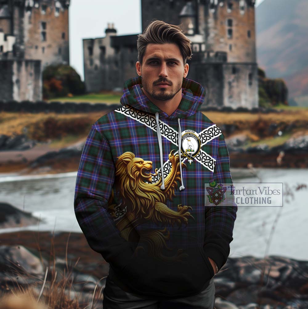 Tartan Vibes Clothing Hunter (Hunterston) Crest Tartan Cotton Hoodie with Golden Lion Emblem Celtic Style