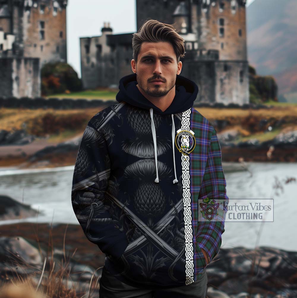 Tartan Vibes Clothing Hunter (Hunterston) Tartan Cotton Hoodie with Family Crest Cross Sword Thistle Celtic Vibes