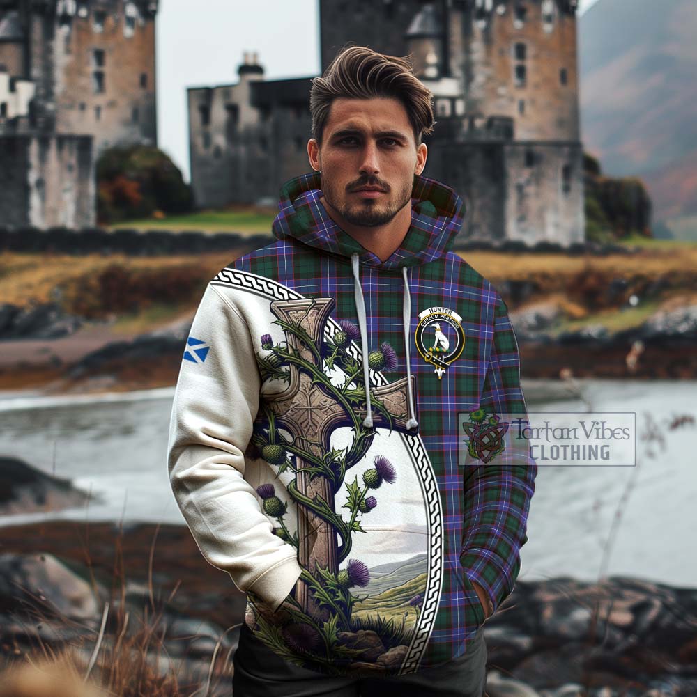 Tartan Vibes Clothing Hunter (Hunterston) Tartan Cotton Hoodie with Family Crest and St. Andrew's Cross Accented by Thistle Vines