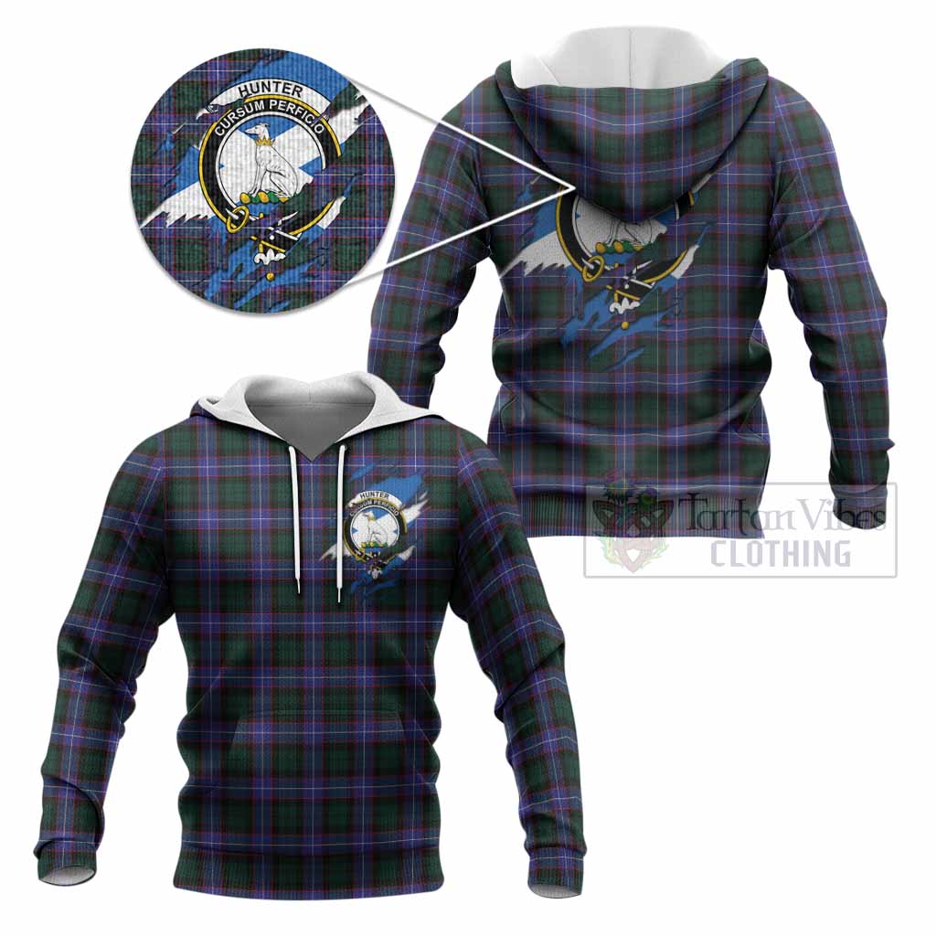 Hunter (Hunterston) Clan Crest In Me Tartan Knitted Hoodie Scotland Flag Style
