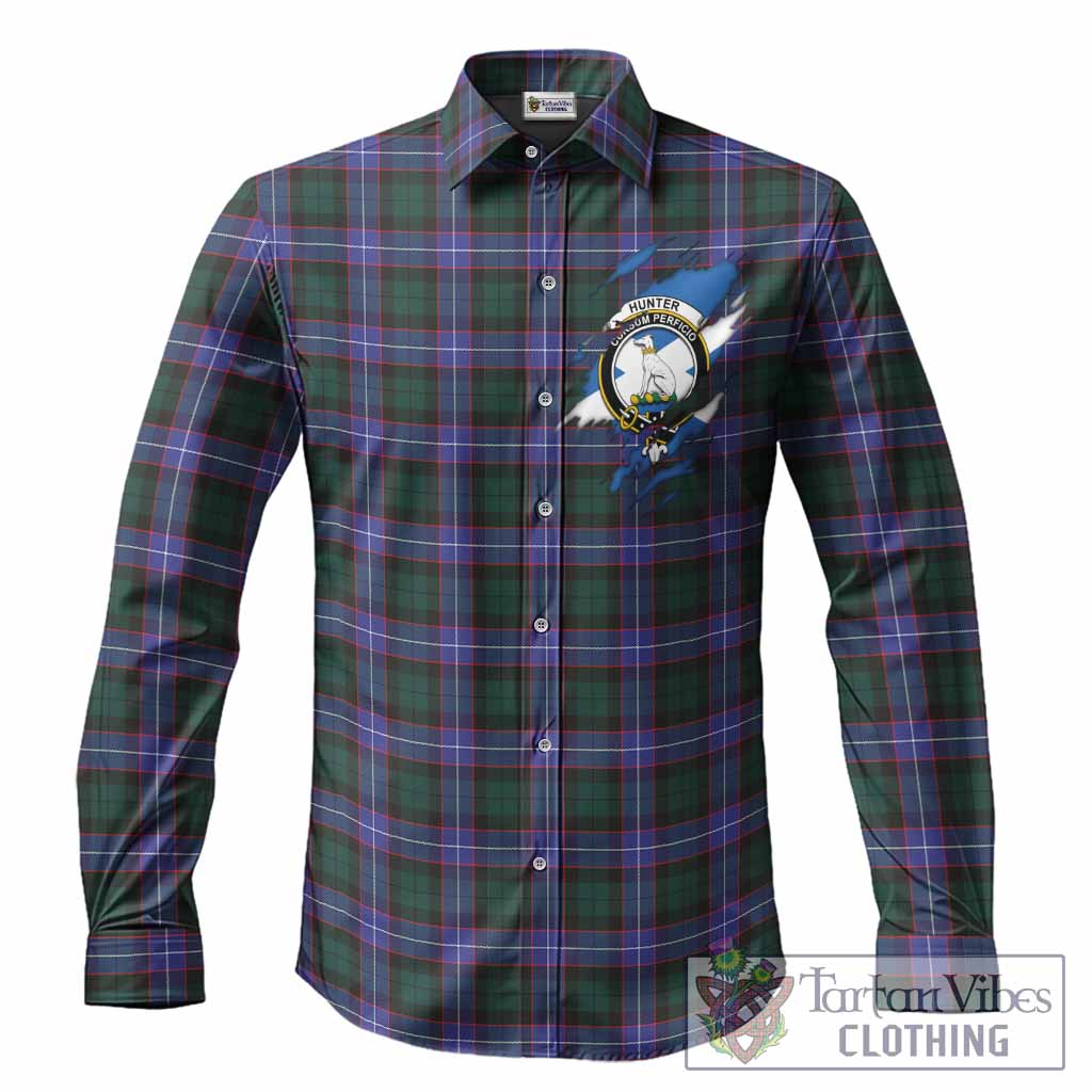 Hunter (Hunterston) Clan Crest In Me Tartan Long Sleeve Button Shirts Scotland Flag Style