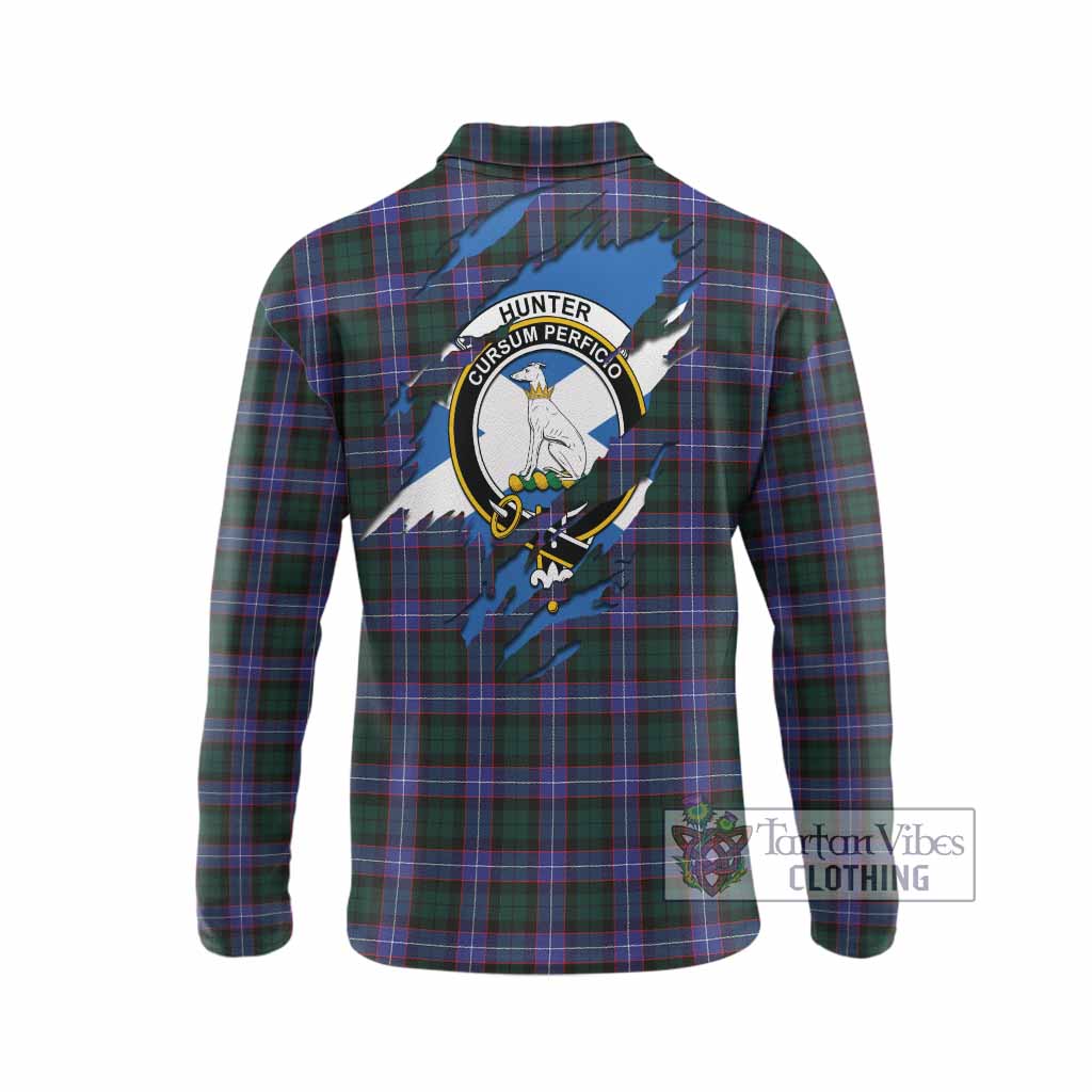 Hunter (Hunterston) Clan Crest In Me Tartan Long Sleeve Polo Shirt Scotland Flag Style