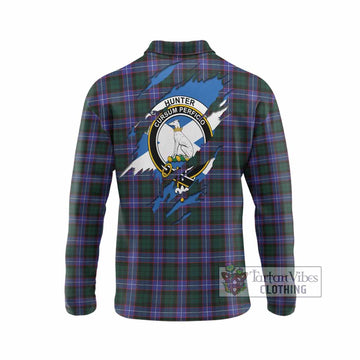 Hunter (Hunterston) Clan Crest In Me Tartan Long Sleeve Polo Shirt Scotland Flag Style