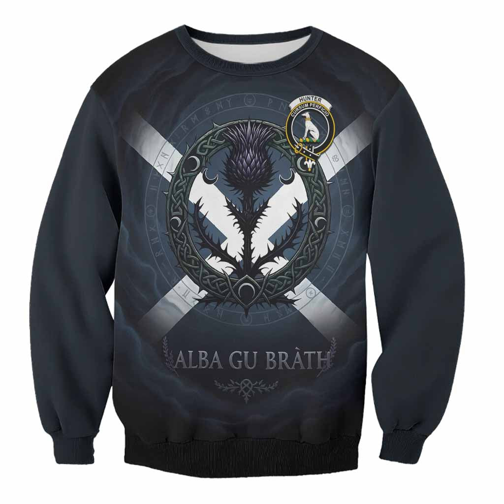 Hunter (Hunterston) Clan Crest Sweatshirt with Celtic Knot Thistle and Saltire