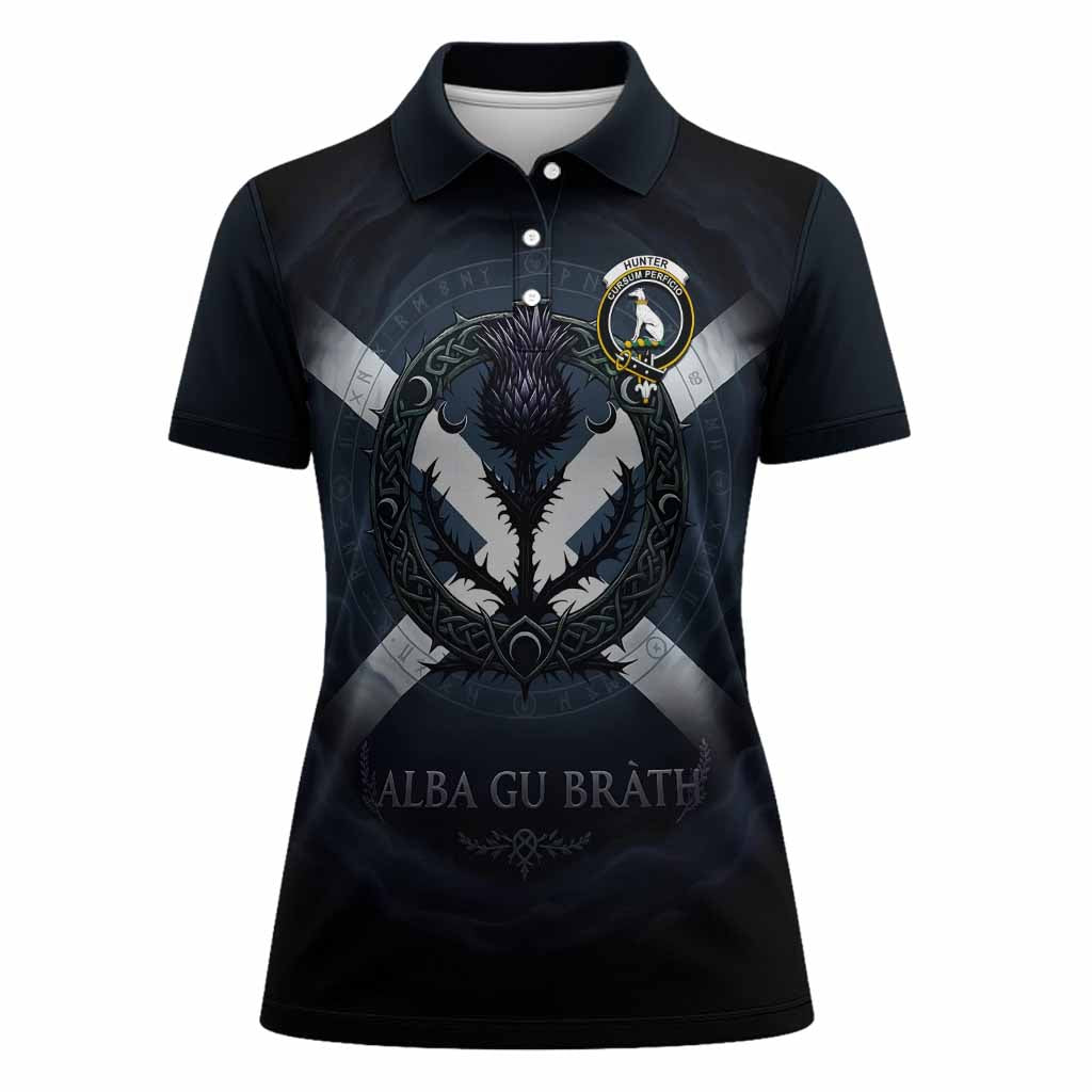 Hunter (Hunterston) Clan Crest Women Polo Shirt with Celtic Knot Thistle and Saltire