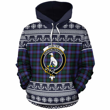 Hunter (Hunterston) Clan Tartan Christmas Cotton Hoodie with Family Crest