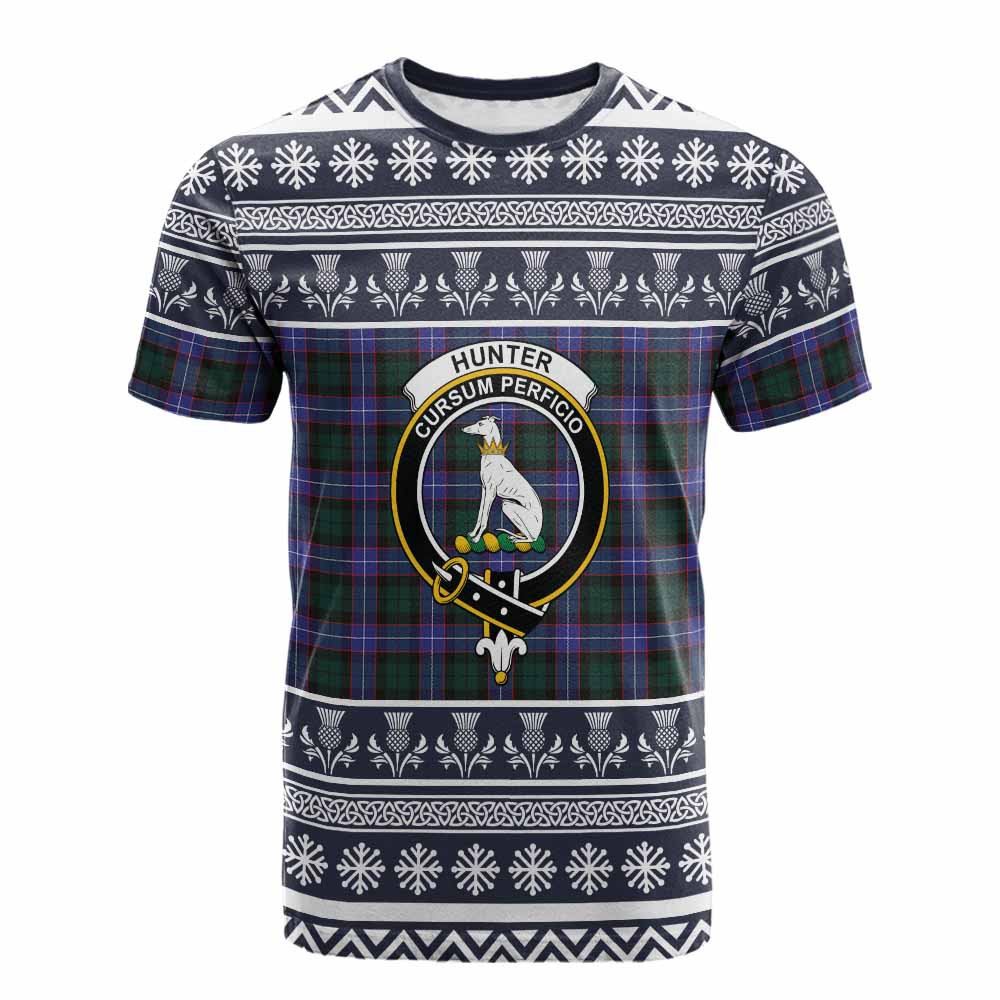 Hunter (Hunterston) Clan Tartan Christmas Cotton T-shirt with Family Crest - Tartan Vibes Clothing