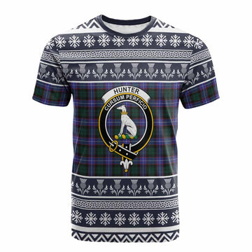 Hunter (Hunterston) Clan Tartan Christmas Cotton T-shirt with Family Crest