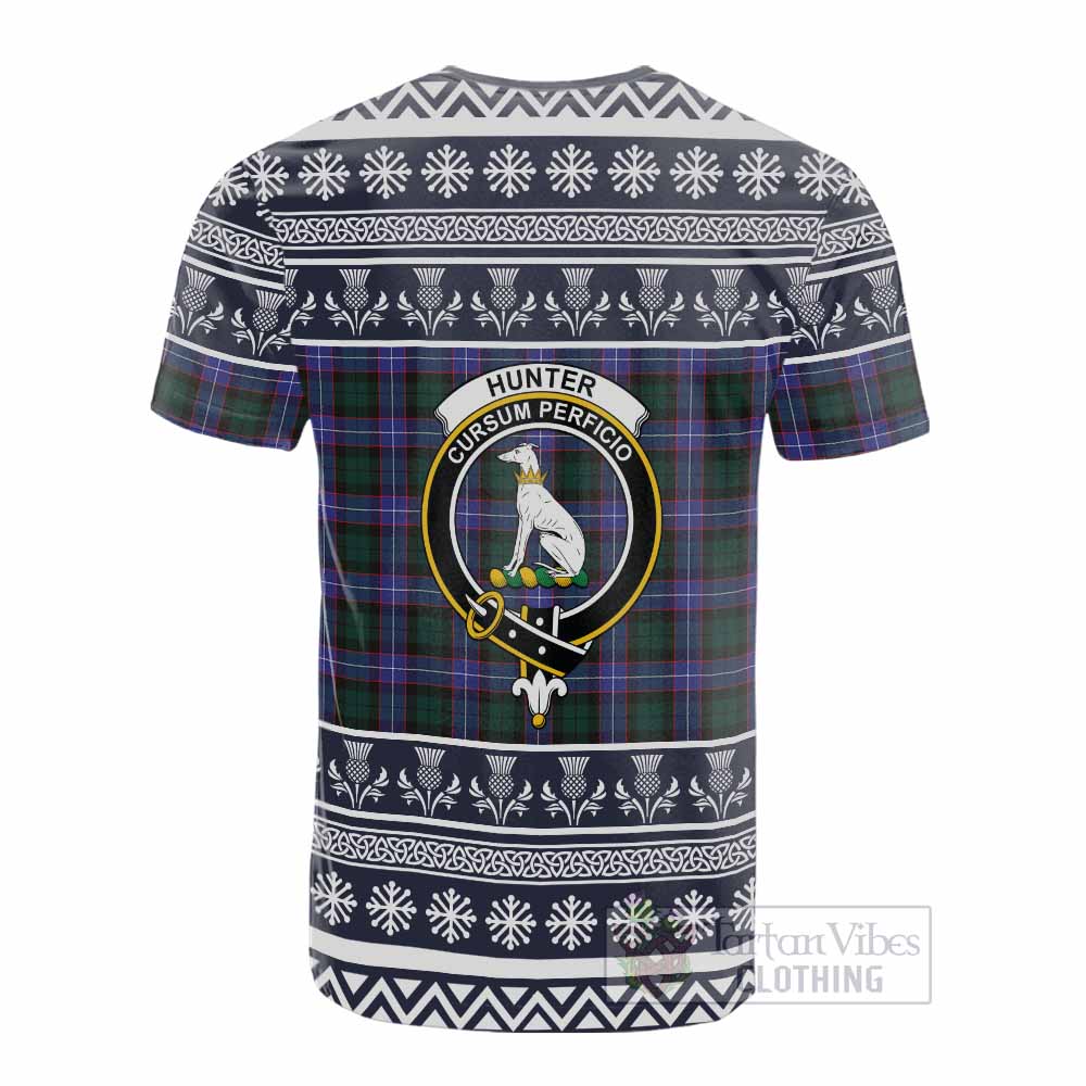 Hunter (Hunterston) Clan Tartan Christmas Cotton T-shirt with Family Crest - Tartan Vibes Clothing